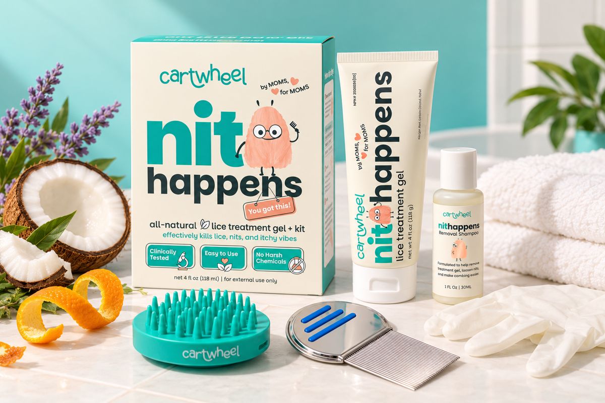 Nit Happens kit with treatment gel, removal shampoo, applicator brush and lice comb